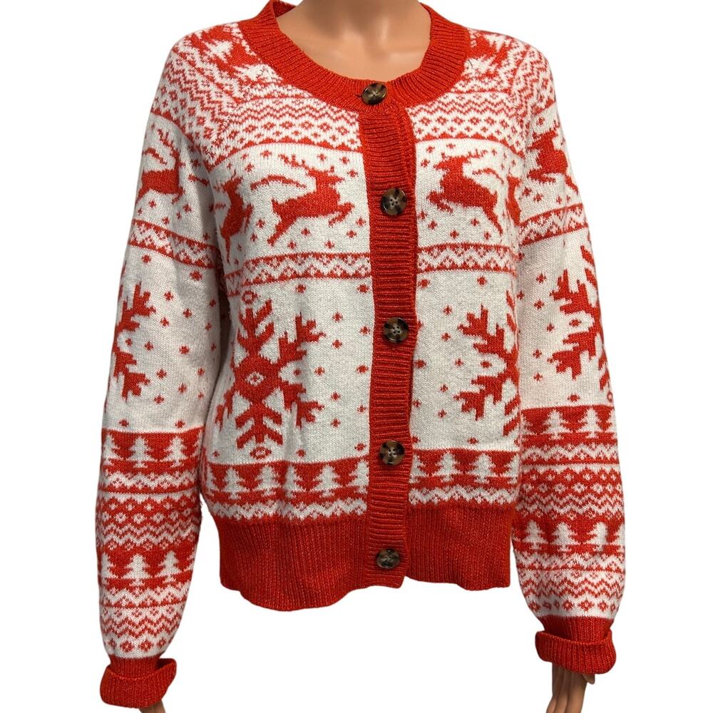 Red & White Christmas cardigan sweater Fair Isle reindeer and snowflake sz l